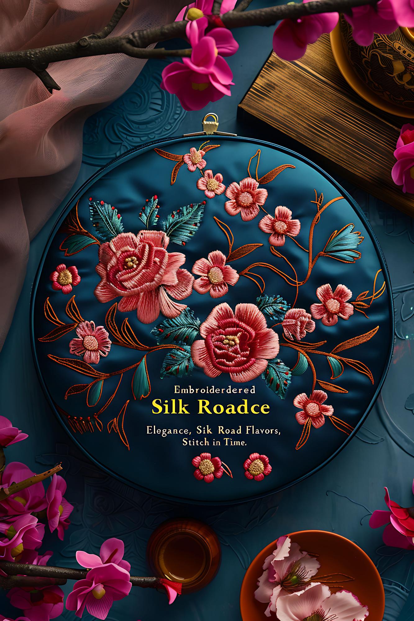 Large editorial shot of stitched botanical motif on silk